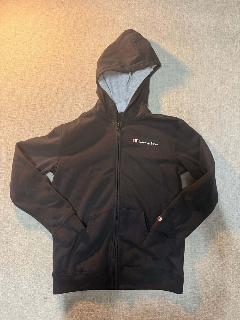 Champion Script Logo Full-Zip Hooded Sweatshirt Black Kids Size L (14/16)